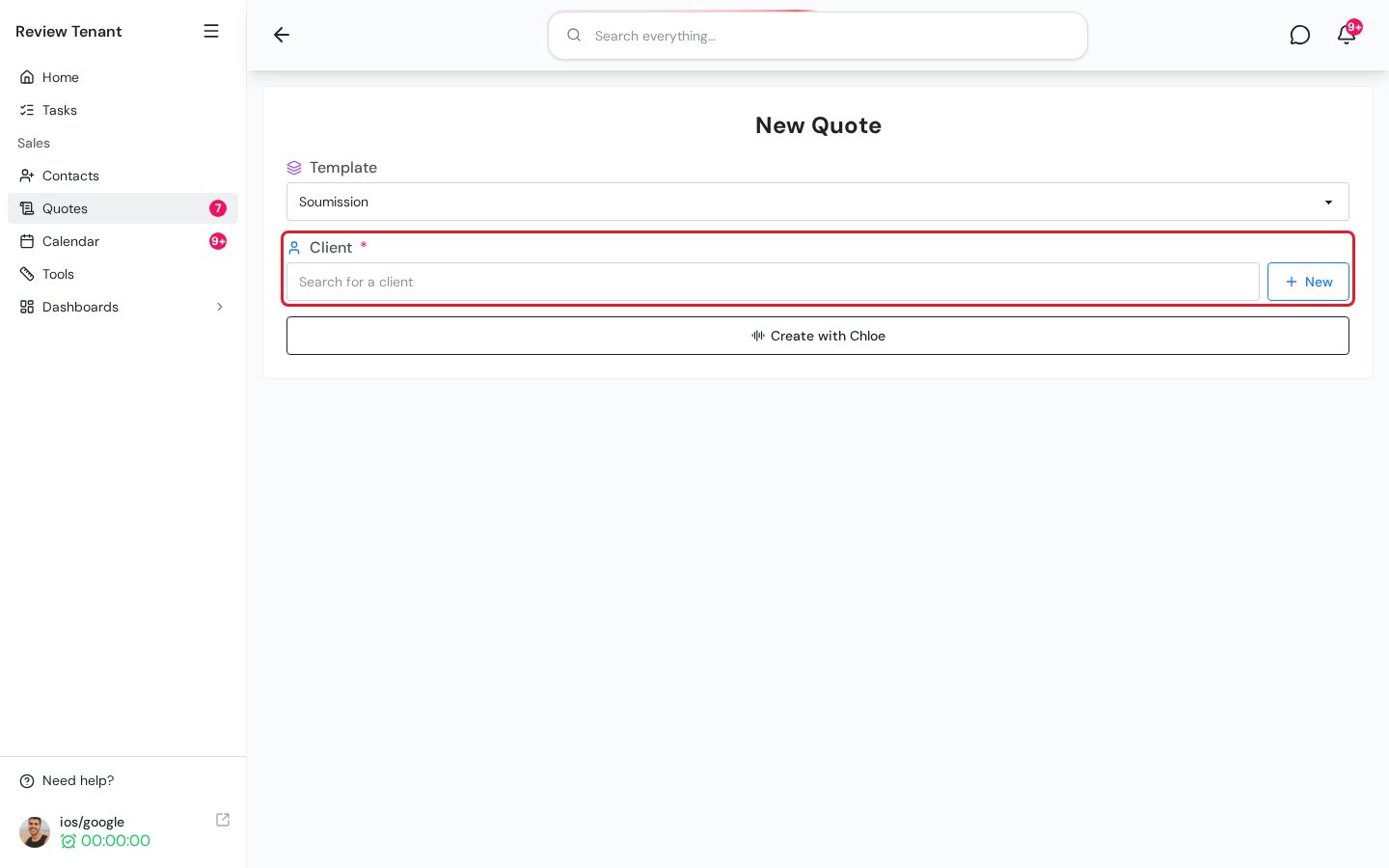 New Quote page with the Client field