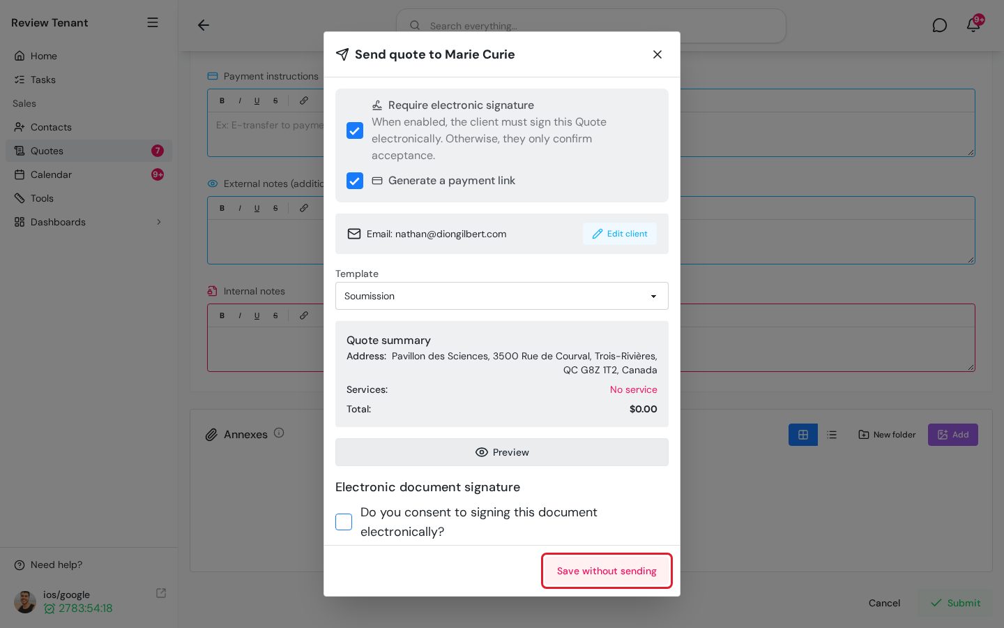 Save without sending button in the send window