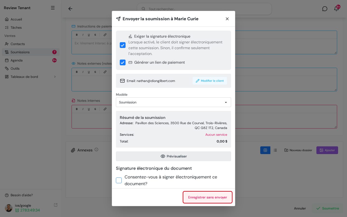 Bouton Enregistrer sans envoyer dans la fenêtre d'envoi