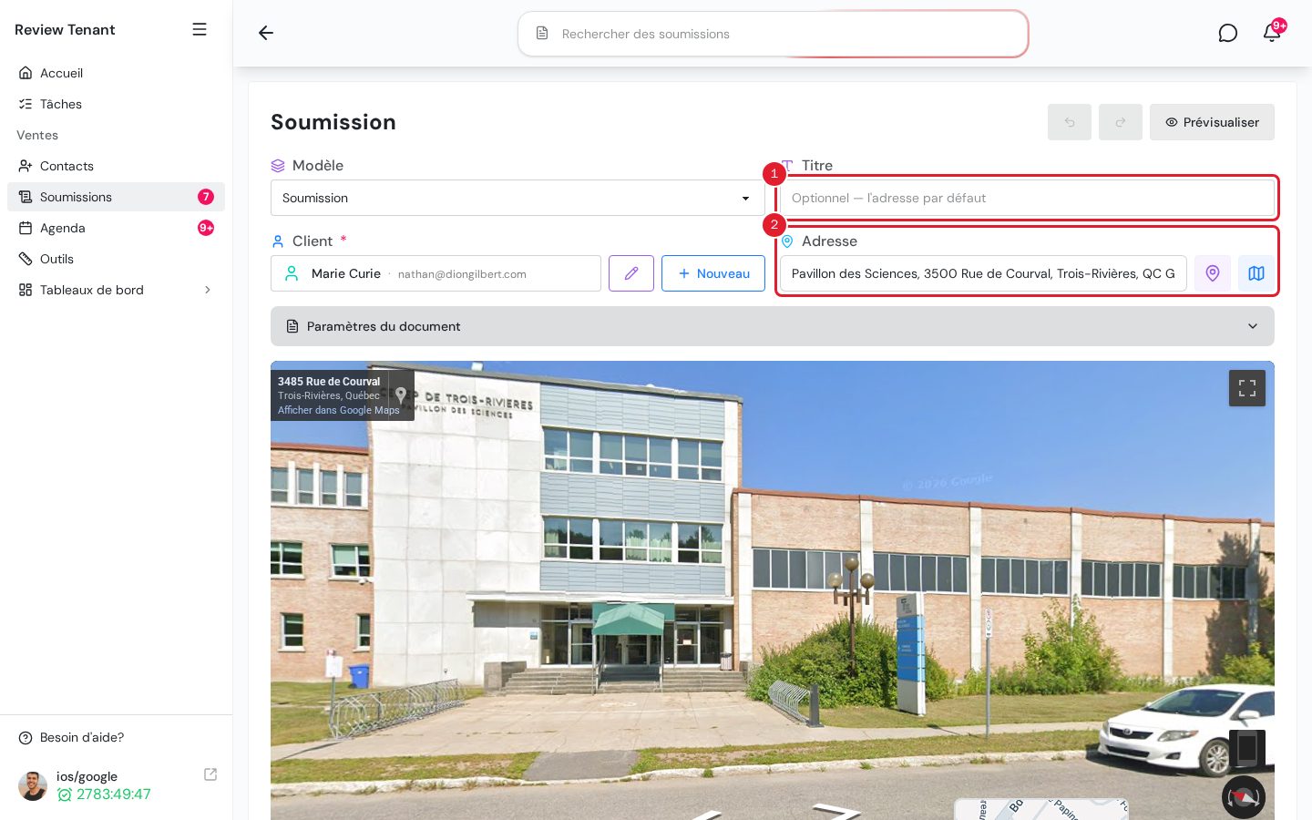Champs Titre et Adresse de la soumission