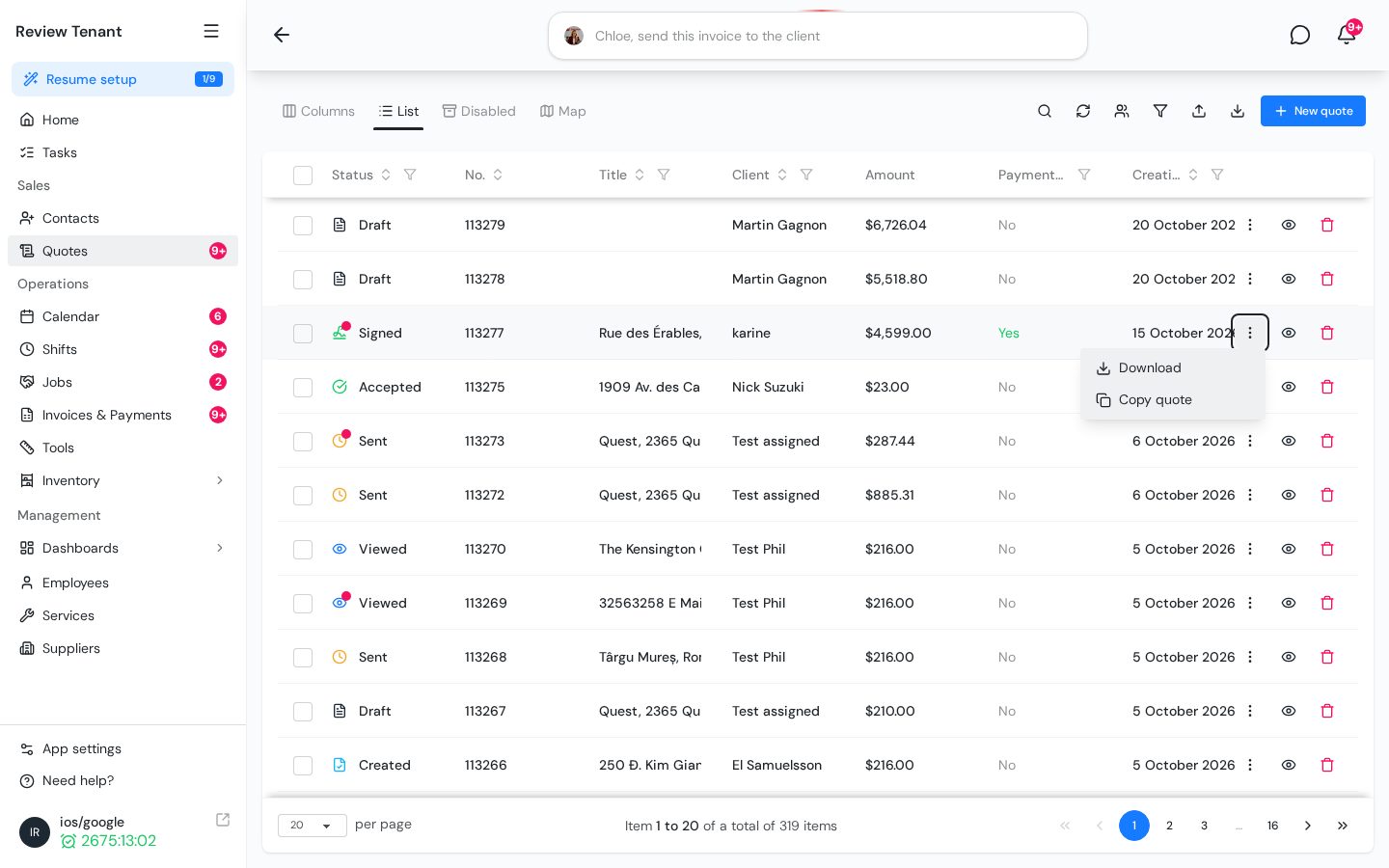Row menu in the quote list with the Download option