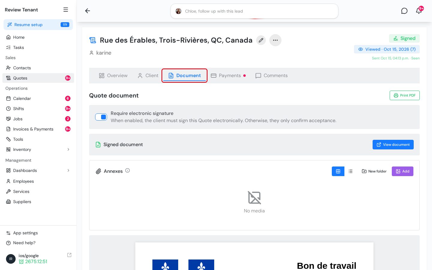 Document tab of a quote with the Print PDF button