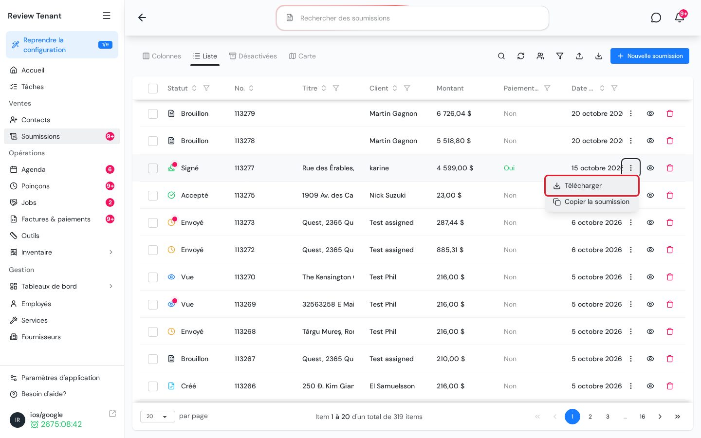 Menu d'une ligne de la liste des soumissions avec l'option Télécharger