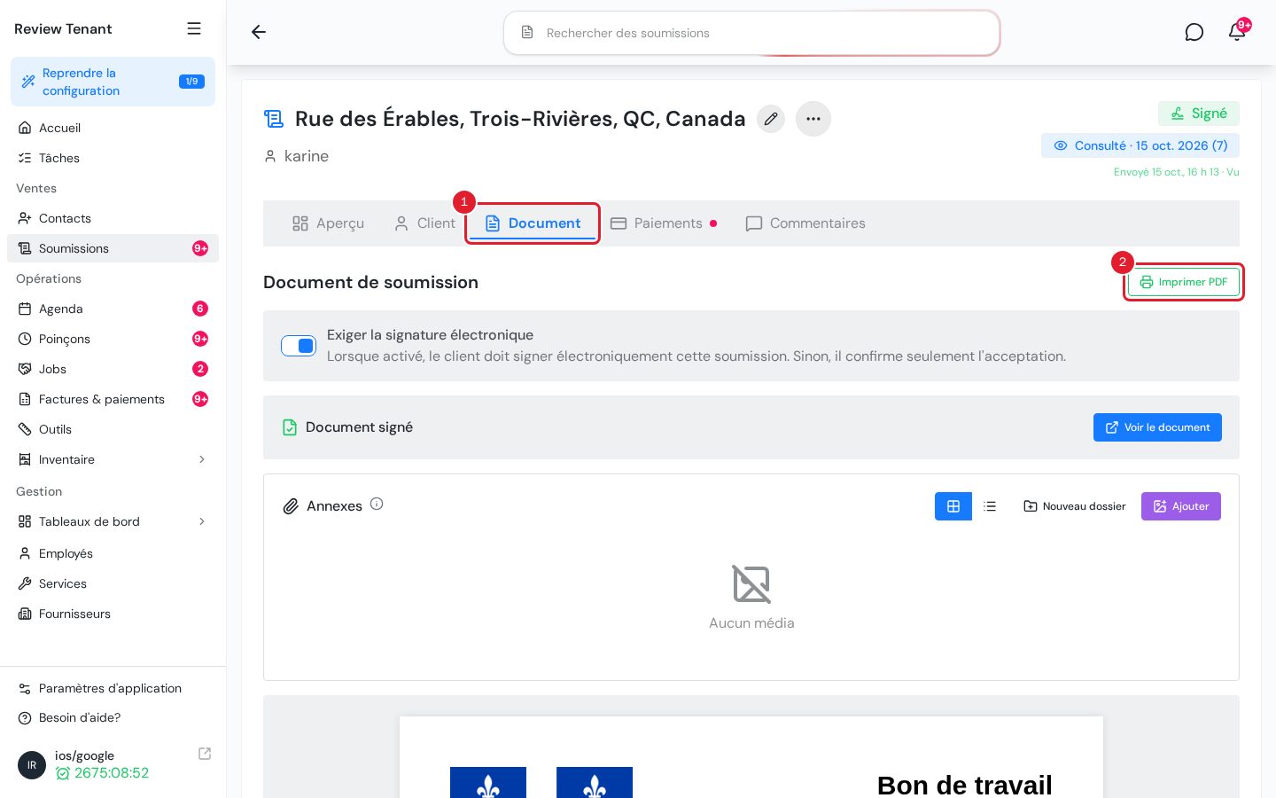 Onglet Document d'une soumission avec le bouton Imprimer PDF
